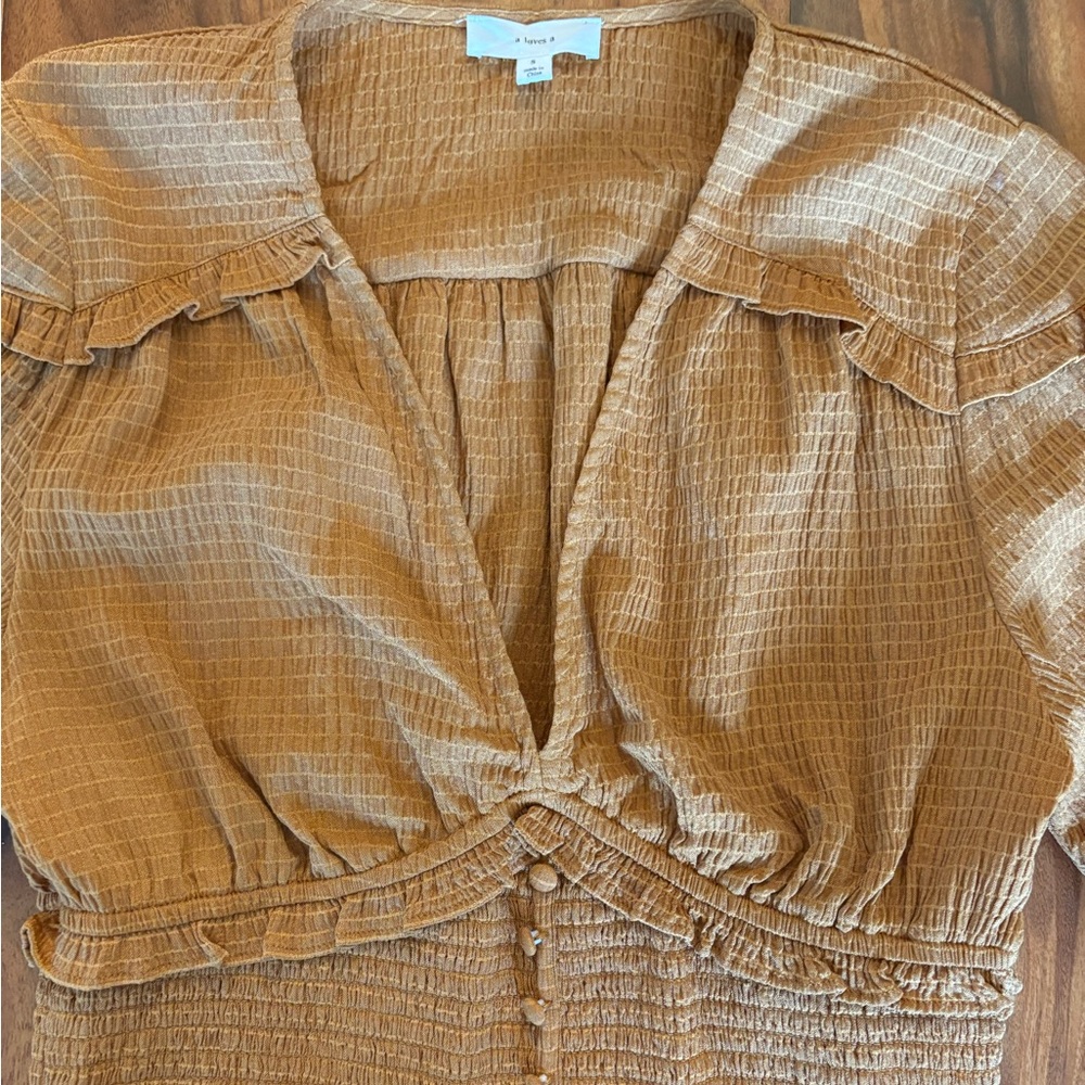 a loves a Women’s Mustard Yellow Smocked V Neck Corset Blouse Small S Top Shirt - Picture 3 of 6